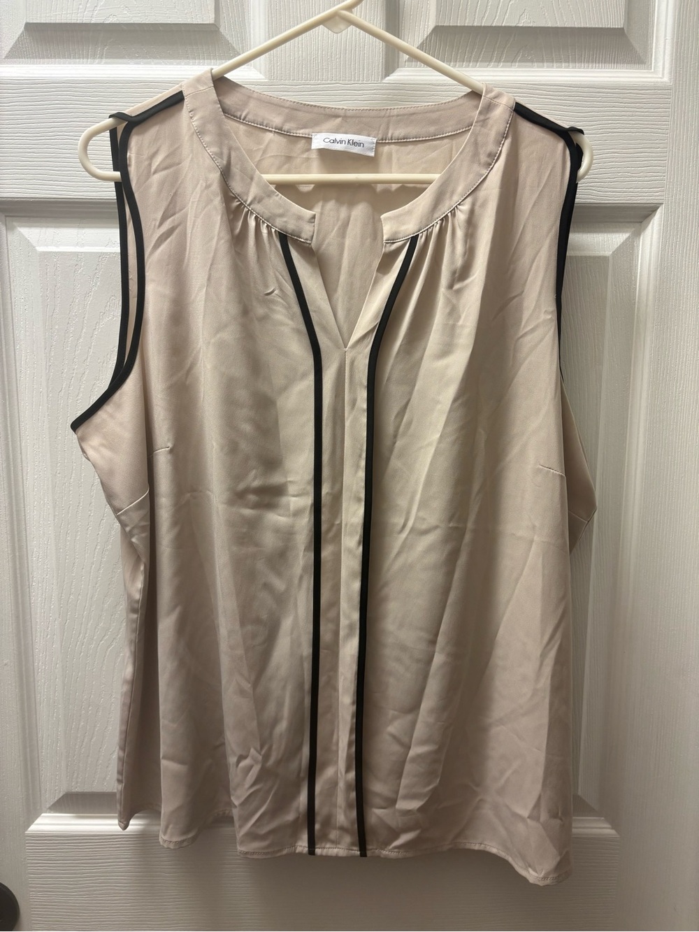 Calvin Klein Taupe Sleeveless Blouse with Black Piping